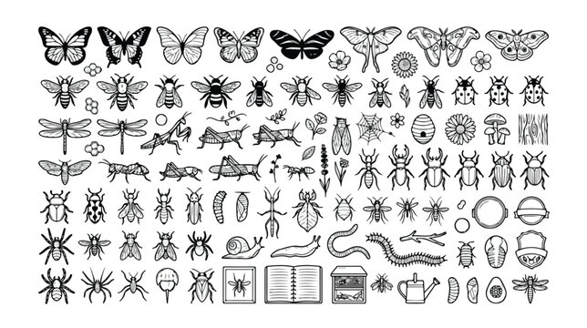 Insect and Bug Icon Set, detailed entomology collection, black and white vector graphics, nature study and science education resources, 100+ outline illustrations.