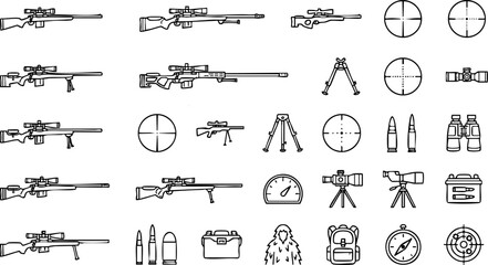 Sniper rifle equipment and tactical gear vector icon set collection with long range shooting tactical military ammunition equipment precision crosshair © SAFIYA