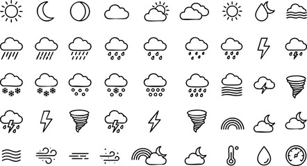 Naklejka premium Comprehensive weather icon pack for meteorological forecasts and applications with forecast meteorology lightning temperature thermometer interface condition