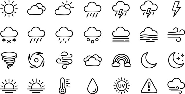 Weather forecast icon set for meteorological reporting and digital apps with forecast meteorology temperature thermometer lightning hurricane environment