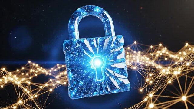 Blue digital padlock icon over golden neural network.