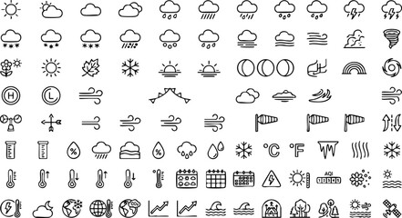Naklejka premium Comprehensive weather forecast icon set for meteorological applications with meteorology forecast temperature fahrenheit calendar atmosphere illustration