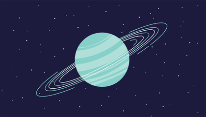 Naklejka premium Planetary illustration showcases a beautiful striped ringed planet floating in dark outer space filled with stars.