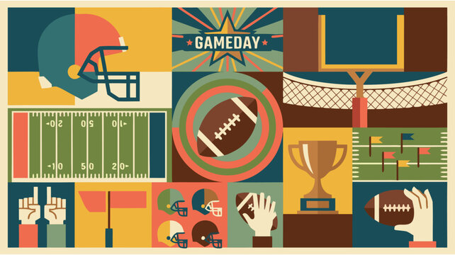 American Football Game Day Elements Background with Retro Geometric Vector Illustration