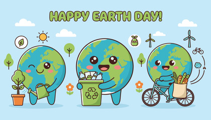 Fototapeta premium Bright Earth Day poster features three adorable cartoon planet Earth characters promoting green lifestyle habits.