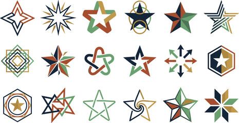 Obraz premium Abstract geometric star logo design elements collection featuring modern line stars interwoven ribbons arrows pointing outward hexagonal frames and mosaic patterns vector illustration.
