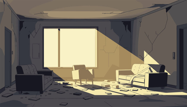 Ruined interior of an abandoned living room is dramatically lit by a single bright sunbeam from a broken window.