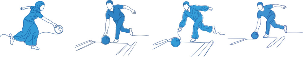 Naklejka premium A continuous line art drawing depicts a person in blue attire bowling, releasing a blue bowling ball, vector set isolated on white