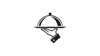 Fototapeta premium Waiter Hand Holding Serving Tray Icon, Restaurant Cloche Logo, Minimalist Black and White Hospitality Symbol, Catering Food Service Vector Illustration Isolated on White
