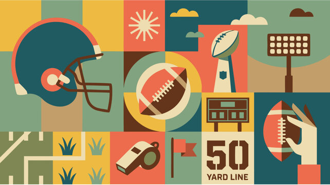 American Football Game Elements Background with Retro Geometric Vector Illustration