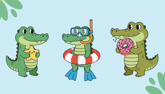 Three adorable cartoon crocodiles showing different beach activities like holding a starfish, snorkeling, and eating.