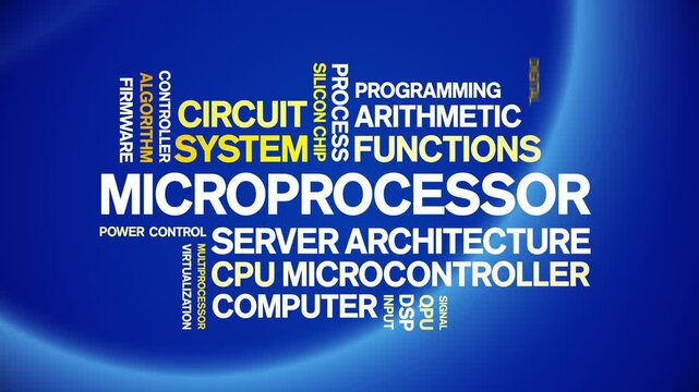 Microprocessor animated word cloud-text design animation tag kinetic typography seamless loop.