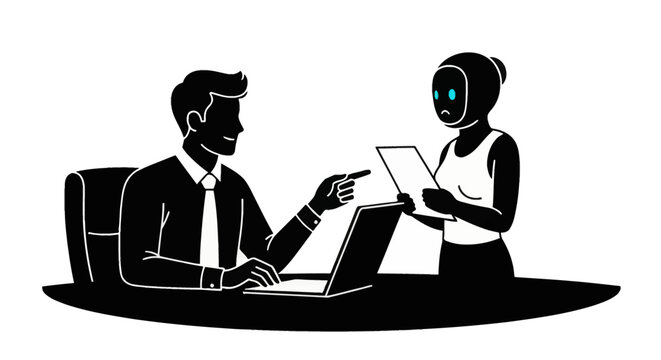 Silhouette vector illustration of a businessman sitting at a desk with a laptop, pointing towards a female robot assistant holding a paper document on a white background.