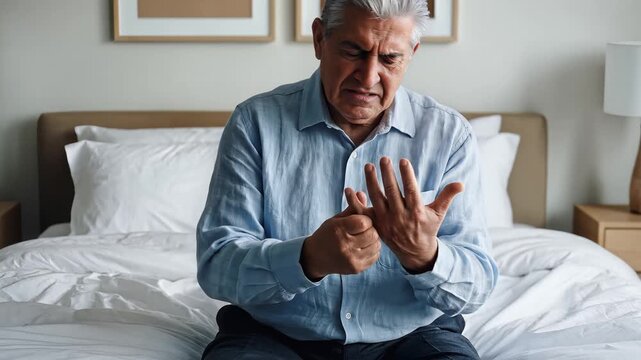 Senior man suffering from wrist pain sitting on bed at home