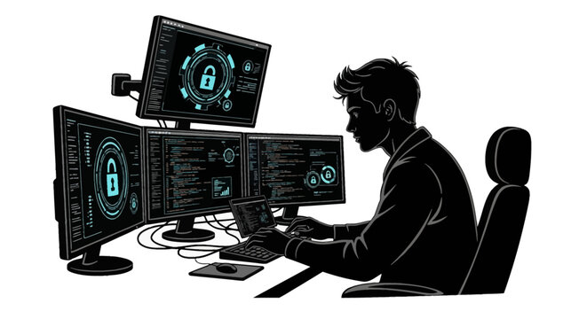 Silhouette of young male programmer working at desk with multiple computer monitors displaying software code and cybersecurity padlock icons on white background.