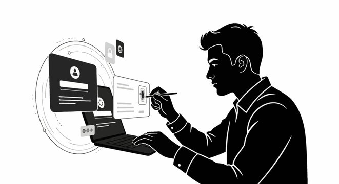 Male software developer or UI designer working on a laptop with floating digital interface windows, user profile icons, and login screens in a black and white vector silhouette style.