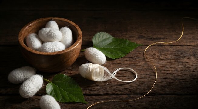 Elegant still life photograph of natural silkworm cocoons in various stages &mdash; whole white oval cocoons, one partially unwound revealing the long continuous silk thread.
