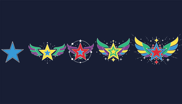 Colorful game ranking badges display a bright star theme from a basic shape to majestic winged designs on dark blue.