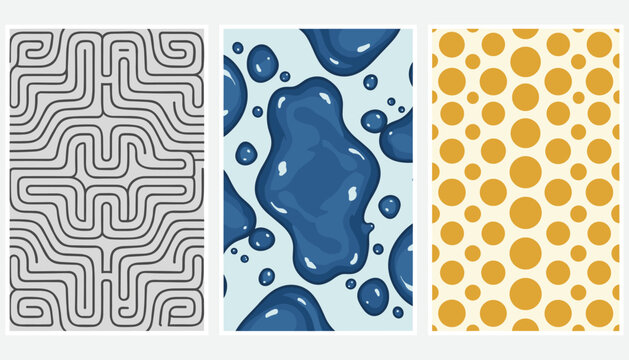 Trio of modern abstract pattern card designs showcases a grey maze, blue liquid splashes, and bright golden circles.