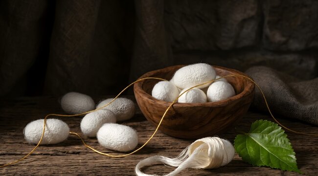 Elegant still life photograph of natural silkworm cocoons in various stages &mdash; whole white oval cocoons, one partially unwound revealing the long continuous silk thread.