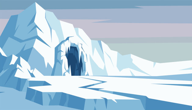 Frozen arctic landscape reveals a dark ice cave entrance nestled within towering snow-covered glaciers under a pale sky.