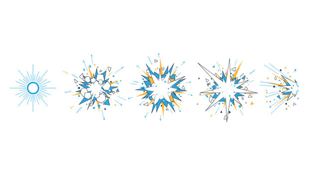 Sequential phases of a dynamic blue and orange starburst effect show the different stages of a magical explosion.