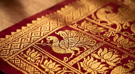 Fototapeta premium Macro photograph of Kanchipuram-style silk saree border showing intricate gold zari threadwork woven into the crimson silk base fabric. The temple-inspired geometric border pattern with peacock.