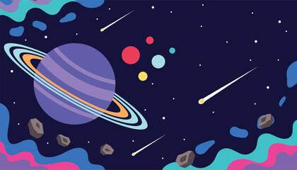 Naklejka premium Whimsical deep space galaxy showcases a large ringed purple planet, asteroids, glowing shooting stars, and nebulas.