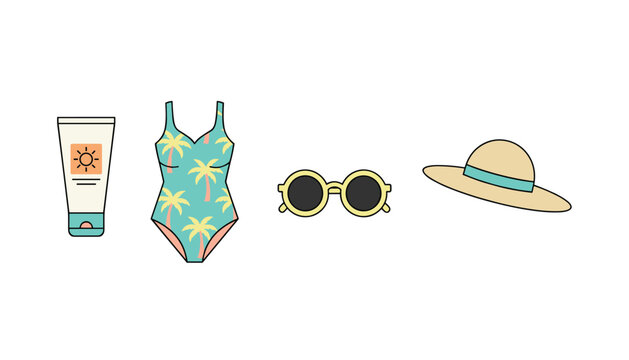 Summer beach vacation essentials include a tube of protective sunscreen, a palm tree print swimsuit, sunglasses, and a hat.