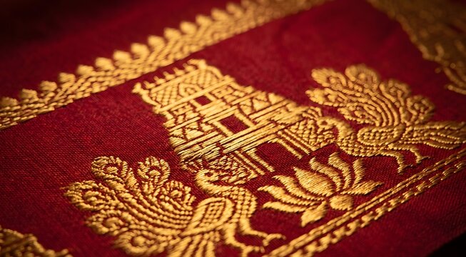 Macro photograph of Kanchipuram-style silk saree border showing intricate gold zari threadwork woven into the crimson silk base fabric. The temple-inspired geometric border pattern with peacock.