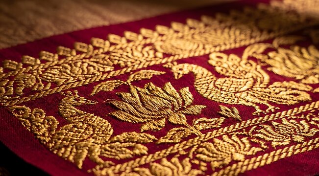 Macro photograph of Kanchipuram-style silk saree border showing intricate gold zari threadwork woven into the crimson silk base fabric. The temple-inspired geometric border pattern with peacock.