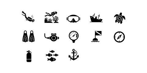 Obraz premium Icon set collection of essential scuba diving equipment, underwater marine life, and nautical accessories for oceanic exploration and adventure.
