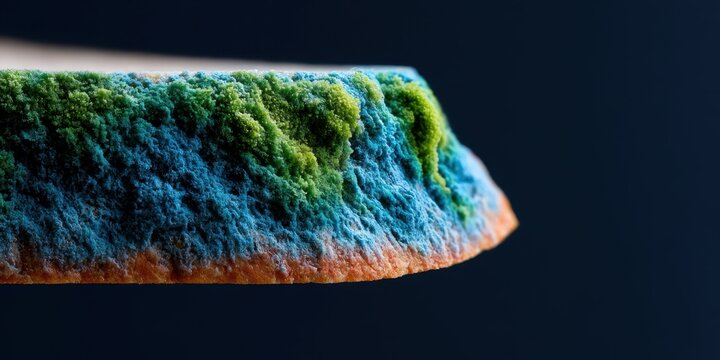 Fungal growth on bread slice close-up food photography macro environment vivid and colorful patterns