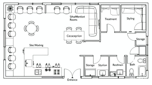 Professional hair salon floor plan vector, beauty parlor interior layout with treatment rooms, modern spa architectural blueprint design