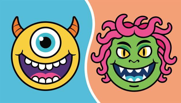 Two colorful cartoon monster head emojis showing a yellow cyclops with horns and a green monster with pink hair.