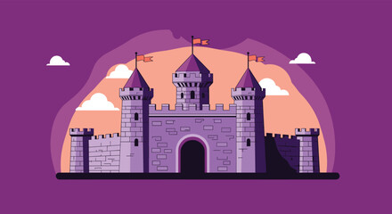 Majestic purple castle with multiple towers and flags stands before a glowing sunset sky with fluffy clouds. © Mim