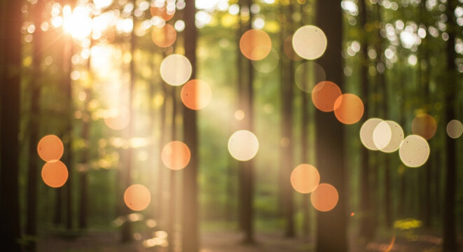 Golden Hour Forest with Dreamy Sunlit Bokeh and Soft Lens Flare