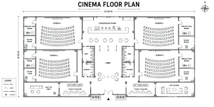 Cinema floor plan vector illustration, architectural movie theater blueprint with four screens, commercial building layout for entertainment venue design