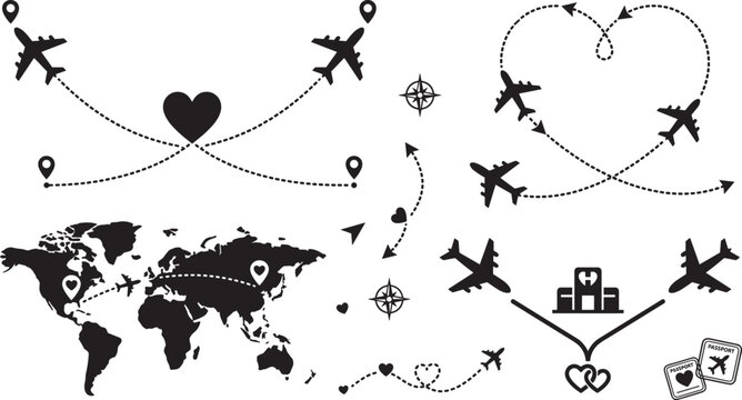 Travel and tourism icon set with world map airplane flight routes dotted lines heart shapes passport and compass vector elements collection