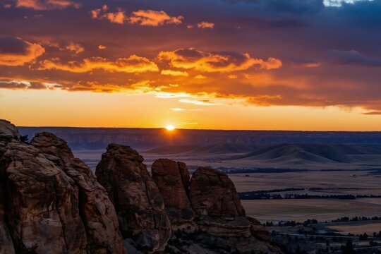Rocky cliffs overlook vast valley at sunset. Sun dips below horizon painting sky with orange and purple clouds. Serene dusk light falls on distant hills and landscape.