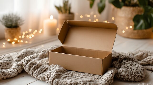 Open empty cardboard shipping box on cozy knitted blanket with fairy lights.