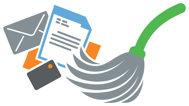 Email cleanup icon represented by a broom sweeping digital documents and mail messages now.