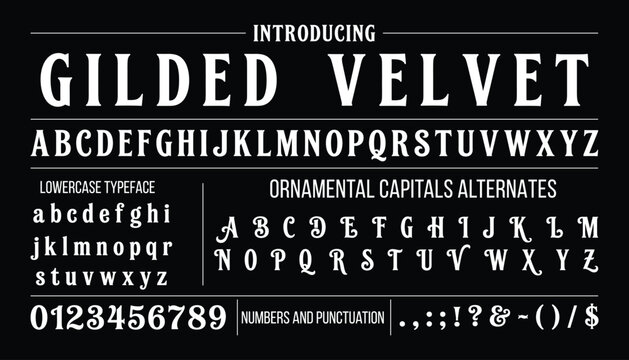 Gilded Velvet Vintage decorative serif font display with ornamental capitals and numbers