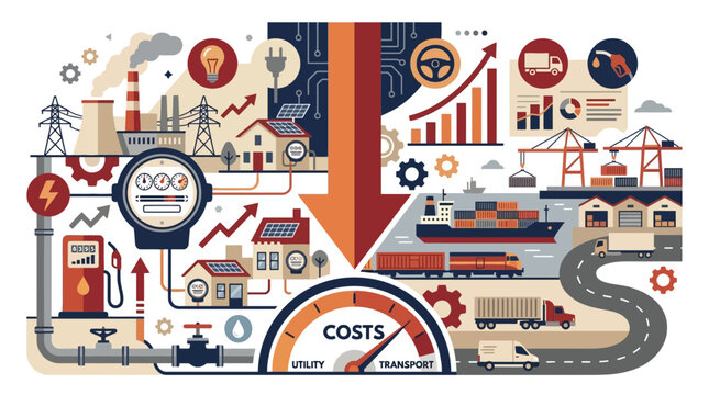 Business infographic showing cost reduction strategies in energy transport and industrial sectors. EPS Editable