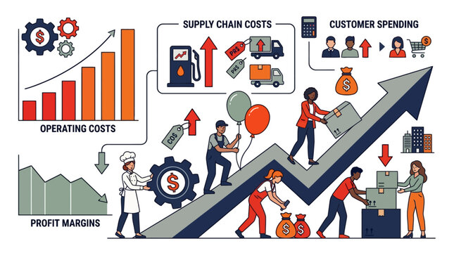 Business infographic showing rising operating and supply chain costs with decreasing profit margins. EPS Editable
