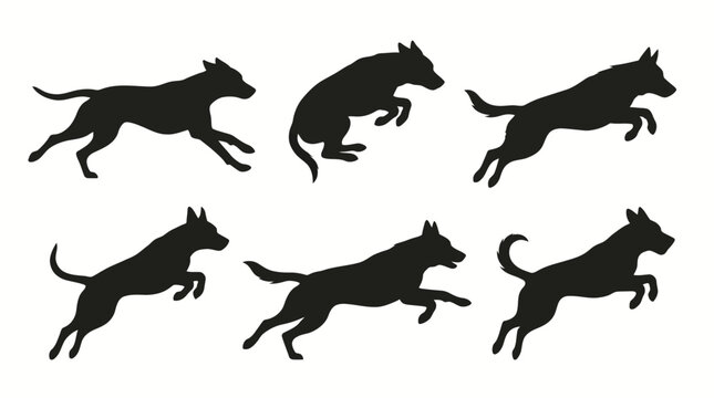 Dog running and jumping silhouettes in motion for playful and active concepts