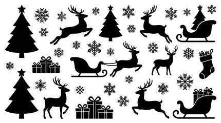 Obraz premium Festive silhouette set for holiday designs, featuring reindeer, sleighs, and Christmas trees