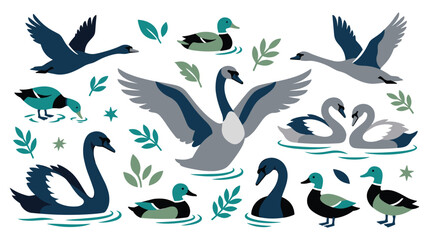 Collection of swimming swans and ducks in pond with water ripples and green leaf foliage. © KALPANA AKTER