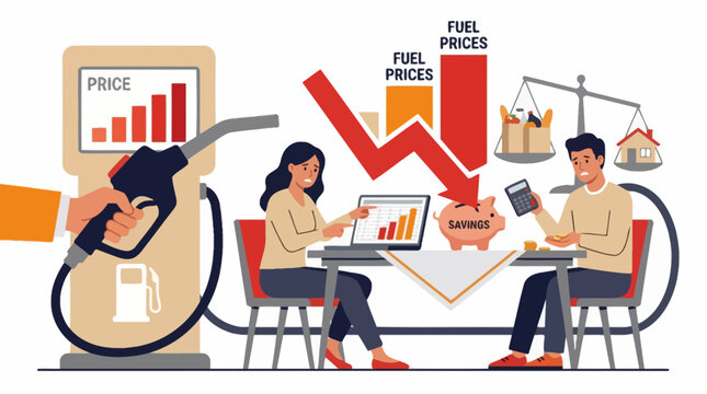 Couple managing budget and expenses during rising fuel prices and inflation crisis vector illustration. EPS Editable