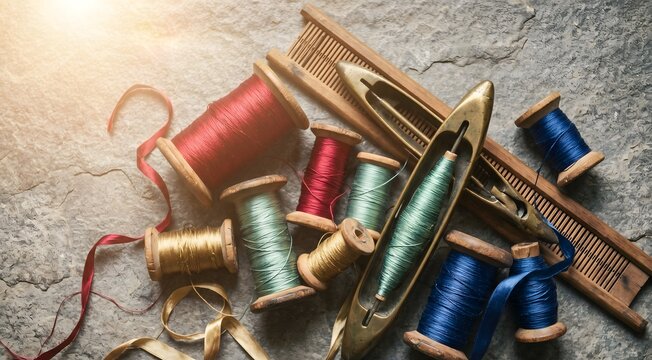 Artistic flat lay of a collection of antique wooden silk bobbins and thread spools arranged on a textured stone surface. Silk thread in rich colors &mdash; crimson, gold, jade green, cobalt.